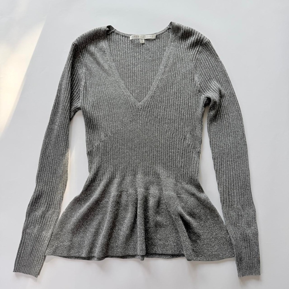 Veronica Beard Esmeralda Women's Medium Silver Metallic Peplum Sweater